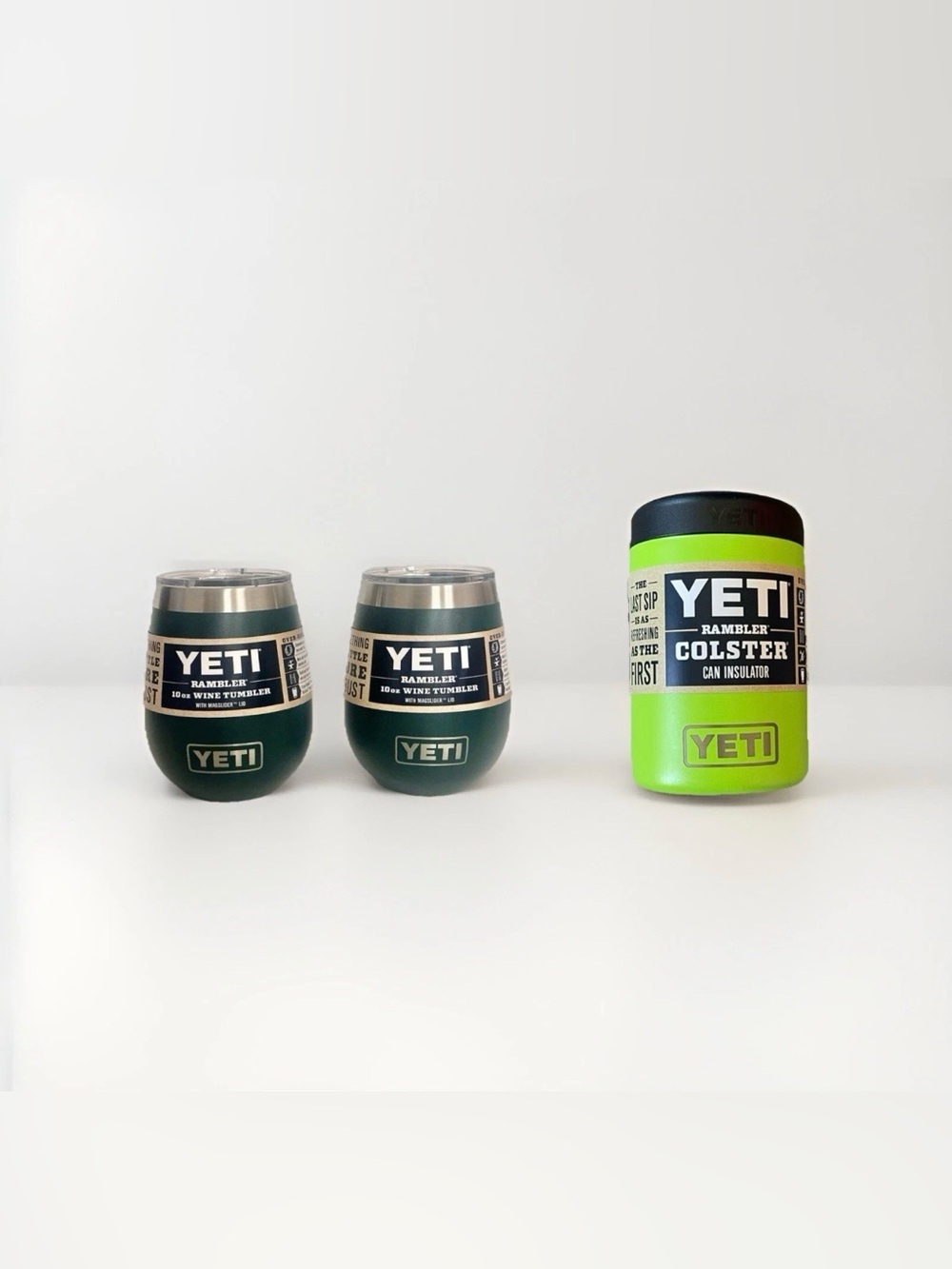 3 Set YETI 10oz Wine Tumbler Black Forest Green + Rambler Colster Can Insulator
